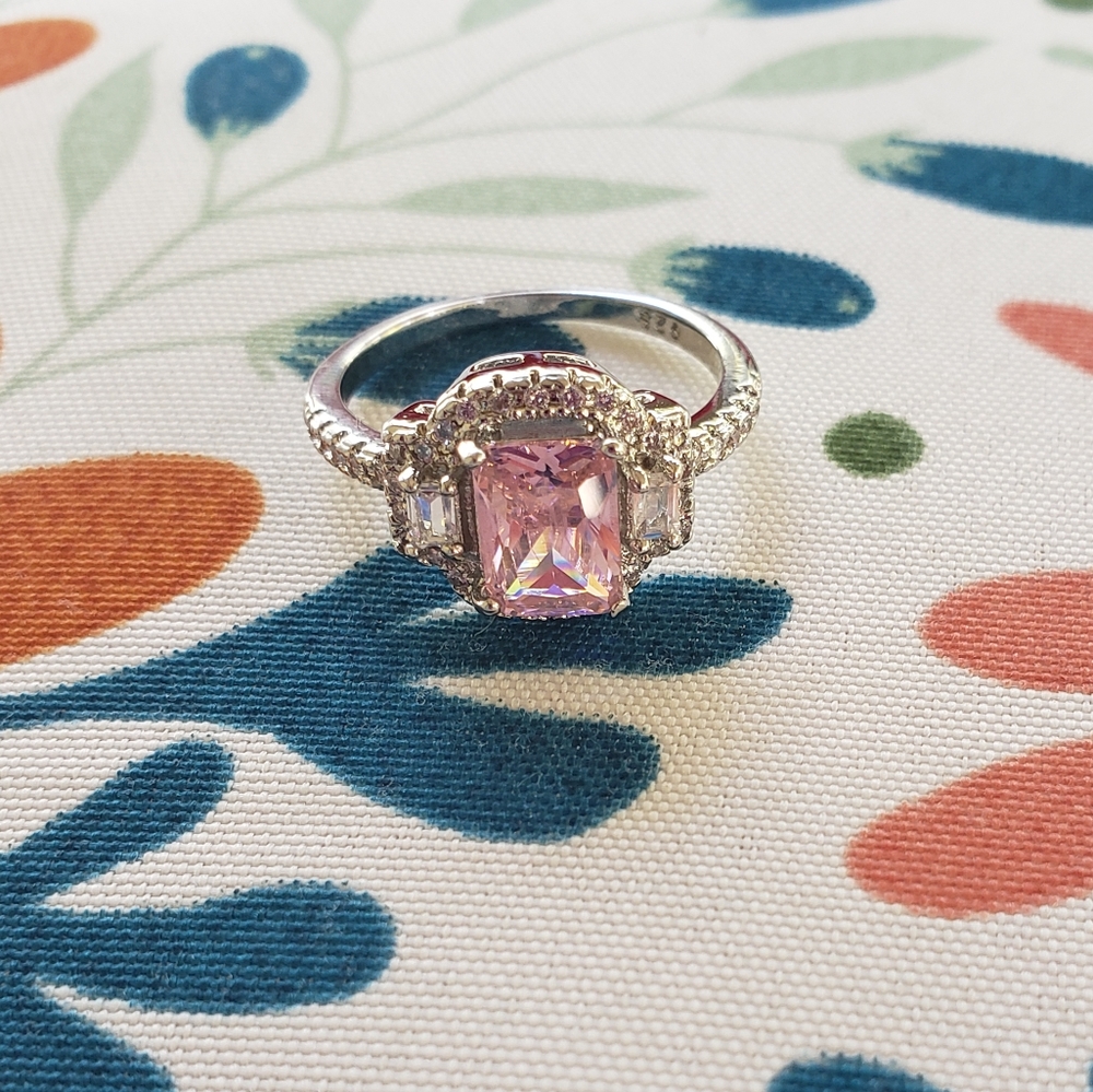 FAIRY TALE 925 BRILLIANT EMERALD-CUT 1.83CT PINK & WHITE TOPAZ QUARTZ RING - Picture 6 of 11
